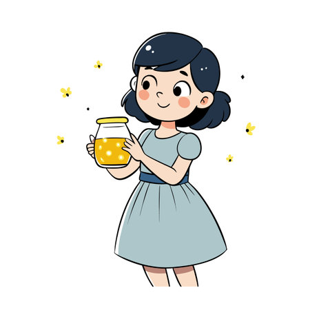 Girl holding honey jar illustration against white backgroundのイラスト素材