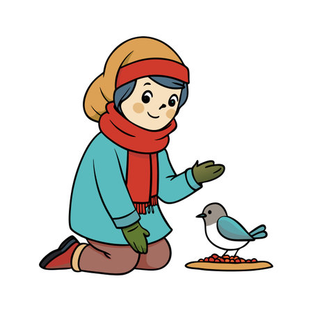 Cartoon girl feeding bird in winter flat vector illustrationのイラスト素材