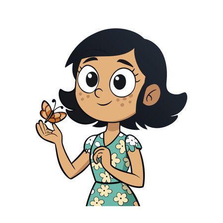 Cartoon girl with butterfly on hand summer natureのイラスト素材