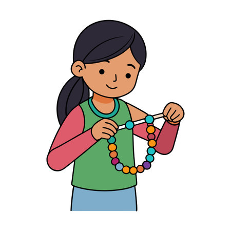 Girl making a colorful beaded necklace as a hobbyのイラスト素材