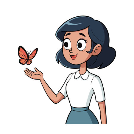 Cartoon girl watching a butterfly on her handのイラスト素材