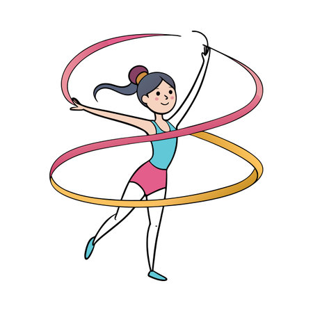 Cartoon rhythmic gymnast performing ribbon dance with a smileのイラスト素材