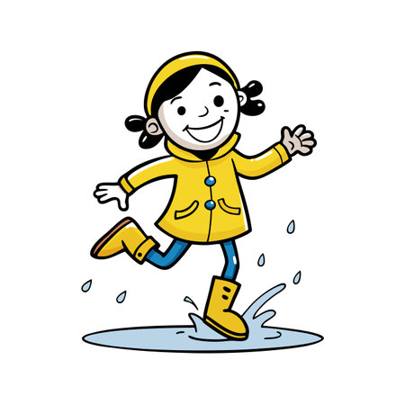 Cartoon girl in yellow raincoat jumps in puddle cheerfullyのイラスト素材