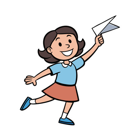 Cartoon girl with paper airplane running and smiling cheerfullyのイラスト素材