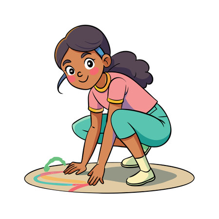 Girl drawing on the ground with colorful chalk cartoonのイラスト素材