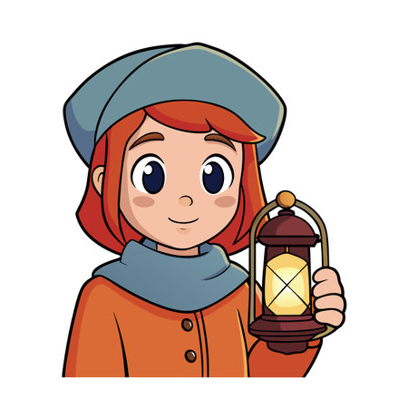 Girl holding lantern casting light in cartoon styleのイラスト素材