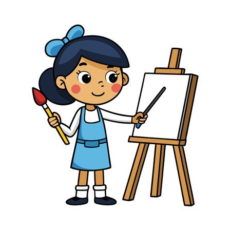 Cartoon girl painting on an easel with paintbrushのイラスト素材