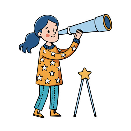 Girl astronomer exploring the cosmos with telescope cartoon illustrationのイラスト素材