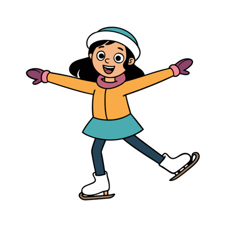 Cheerful cartoon girl ice skating with open arms poseのイラスト素材