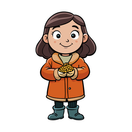 Cartoon girl wearing coat holding pile of corn kernelsのイラスト素材