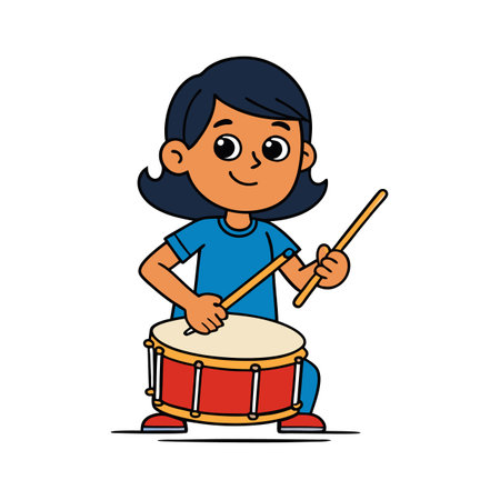 Happy cartoon girl playing a red drum, cartoon styleのイラスト素材