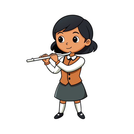 Cartoon girl playing flute with happy expression and outfitのイラスト素材