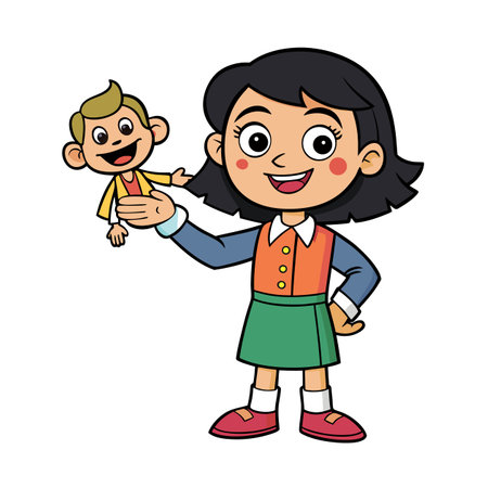 Cartoon girl holding doll in a cute and fun styleのイラスト素材