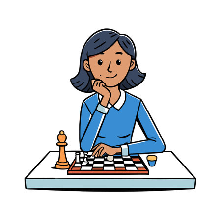 Woman playing chess thoughtful expression strategizing next moveのイラスト素材