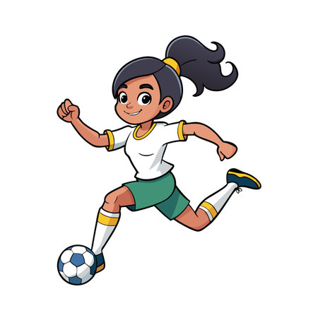 Cartoon girl kicking soccer ball in action pose vectorのイラスト素材