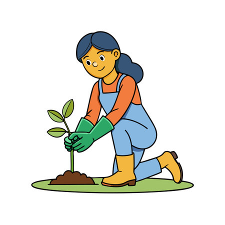 Woman planting tree in garden soil illustration graphic designのイラスト素材