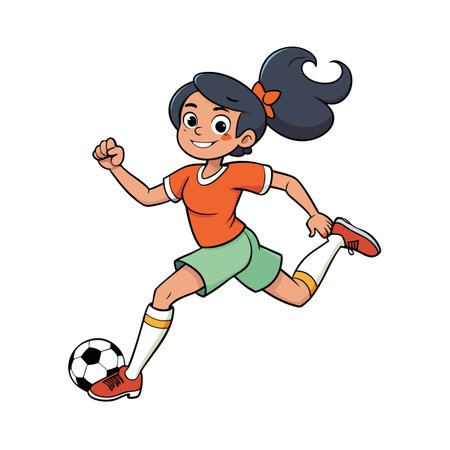 Cartoon female soccer player in action with a ballのイラスト素材