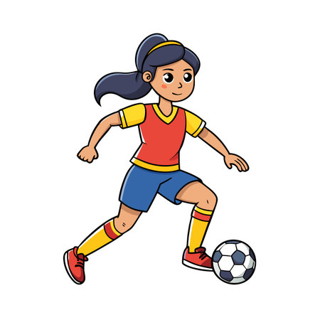 Cartoon girl playing soccer with a classic black-white ballのイラスト素材