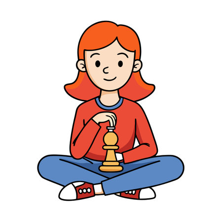 Young Woman Contemplating Chess Strategy Cartoon Illustrationのイラスト素材