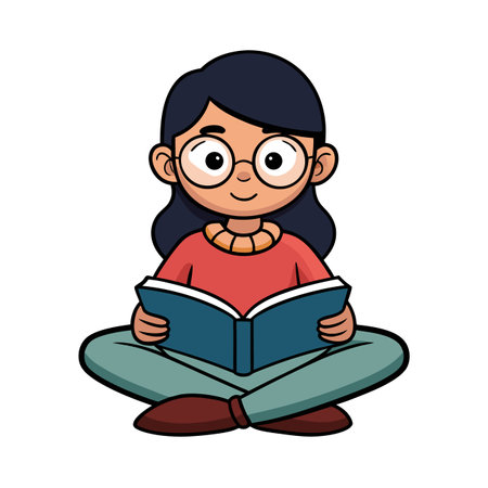 Cute cartoon girl reading book sitting cross leggedのイラスト素材