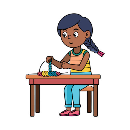 Girl learning to knit, colorful flat vector cartoon styleのイラスト素材