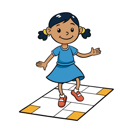 Cartoon girl playing hopscotch on a yellow and white surfaceのイラスト素材