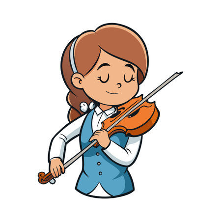 Happy cartoon girl playing a violin with closed eyesのイラスト素材