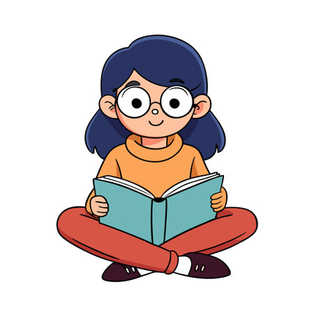 Cartoon girl with glasses reading book in flat styleのイラスト素材