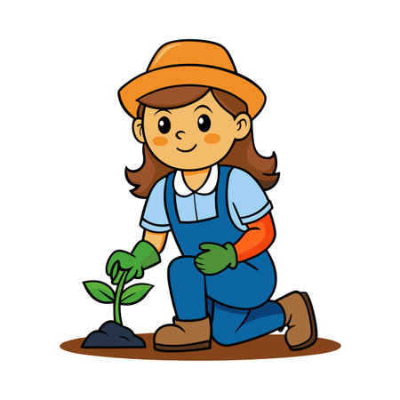 Girl gardener planting seedling in garden plot illustration artのイラスト素材