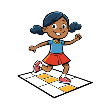 Happy young girl plays hopscotch game illustration isolated on whiteのイラスト素材