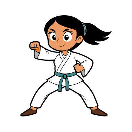 Cartoon girl in karate gi ready to fightのイラスト素材