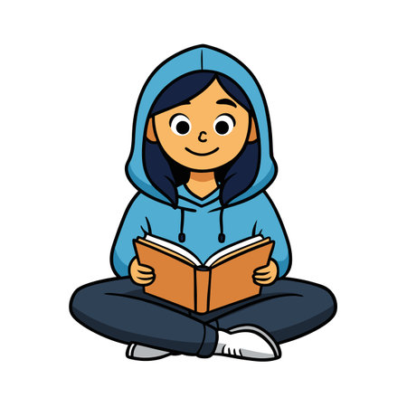 Girl sitting cross-legged reading book in simple cartoon styleのイラスト素材