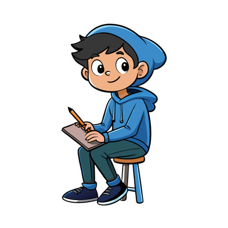 Cartoon artist boy character drawing on a notepadのイラスト素材