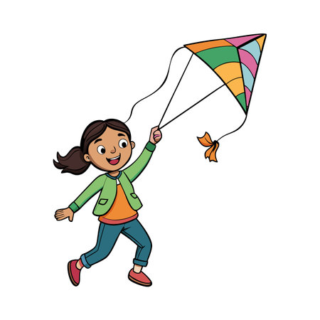 Girl flying kite joyfully on white background illustrationのイラスト素材