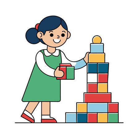 Little girl stacking colorful building blocks into a tall towerのイラスト素材