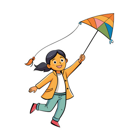 Girl happily flies a colorful kite on a bright dayのイラスト素材