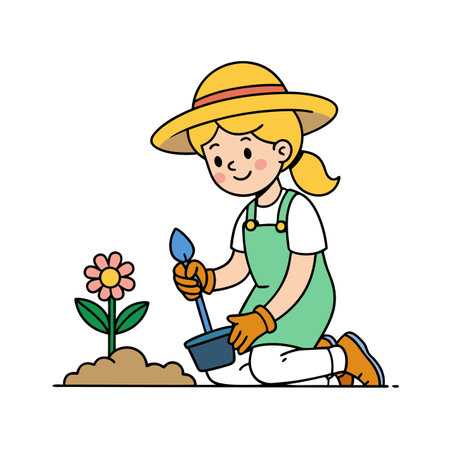 Girl Planting Flower Cartoon Illustration in Flat Styleのイラスト素材
