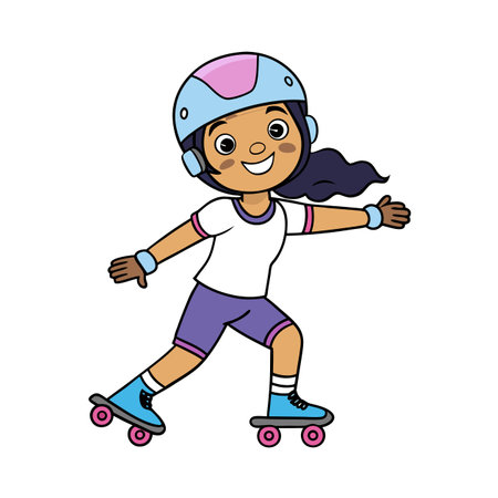 Girl roller skating cartoon with helmet against white backgroundのイラスト素材