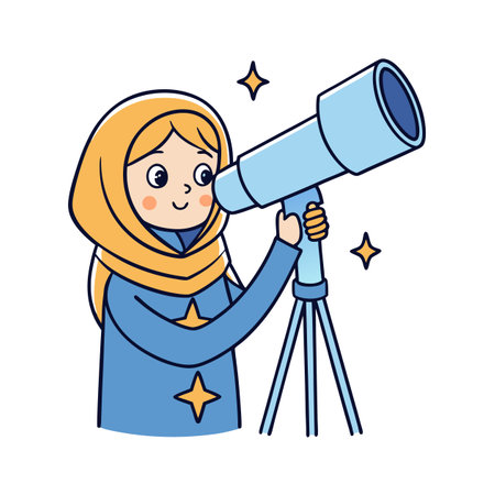 Cartoon girl looking through telescope at stars in spaceのイラスト素材