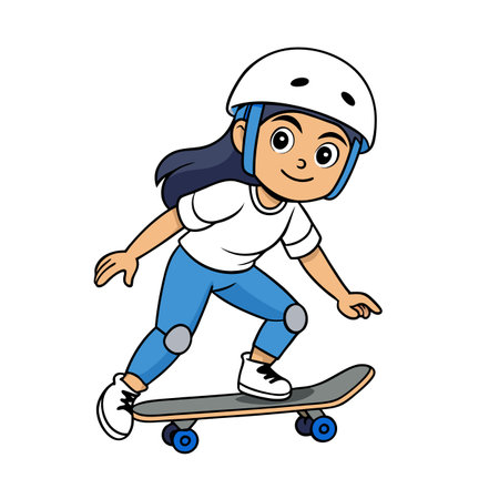 Girl skateboarding with safety gear, cartoon style illustrationのイラスト素材