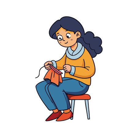 Woman sitting and knitting a scarf with needleworkのイラスト素材