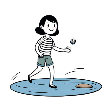 Girl playing with a ball in a puddle cartoonのイラスト素材