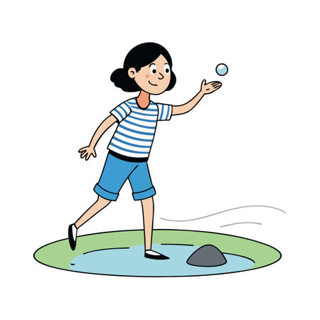 Girl skipping stones on a summer day illustration artのイラスト素材