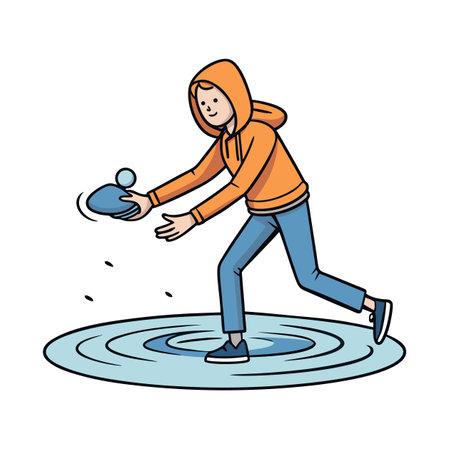 Cartoon character throwing stone into puddle, creating ripplesのイラスト素材