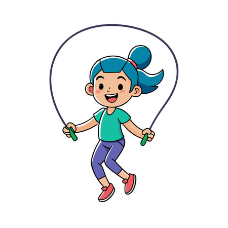 Cartoon girl jumping rope with happy smile and energyのイラスト素材