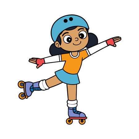 Cartoon girl in roller skates poses with arms outstretchedのイラスト素材