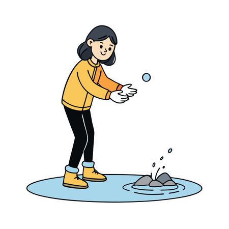Playful cartoon girl skipping stones on puddle in winterのイラスト素材