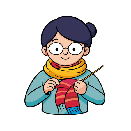 Cartoon woman knitting a scarf with needles happily smilingのイラスト素材