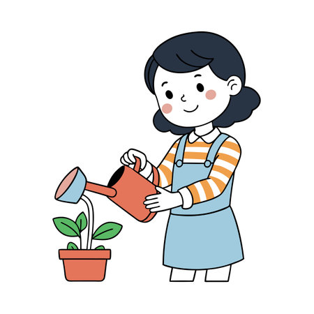 Girl watering plant illustration vector in cartoon flat styleのイラスト素材