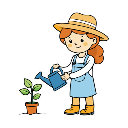 Cartoon gardener watering plant with watering can in flowerpotのイラスト素材